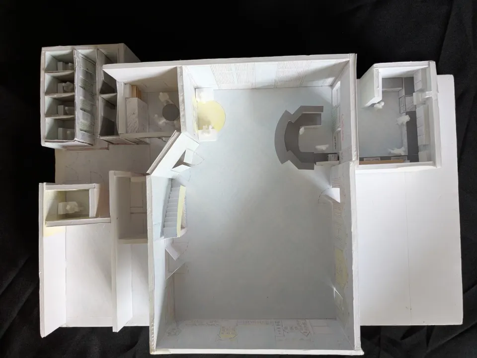 Whole-building concept showing the relationship between reception, main hall, the Ark Café side, prayer corner and kitchen.