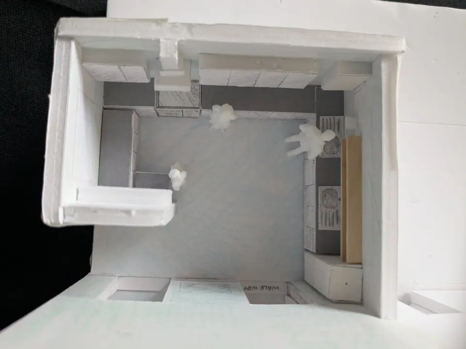 Proposed kitchen layout, 3D concept. Shows double sinks, cooker and hood, dishwasher, fridge and accessible prep area.