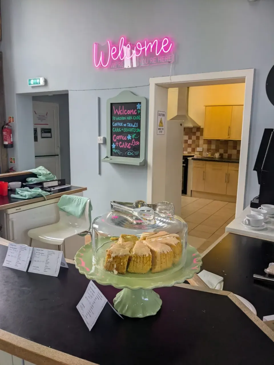 Cake on the café counter at the first Cake and Craft afternoon.