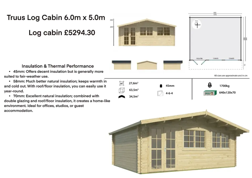 Example insulated log cabin option under review for flexible community use.