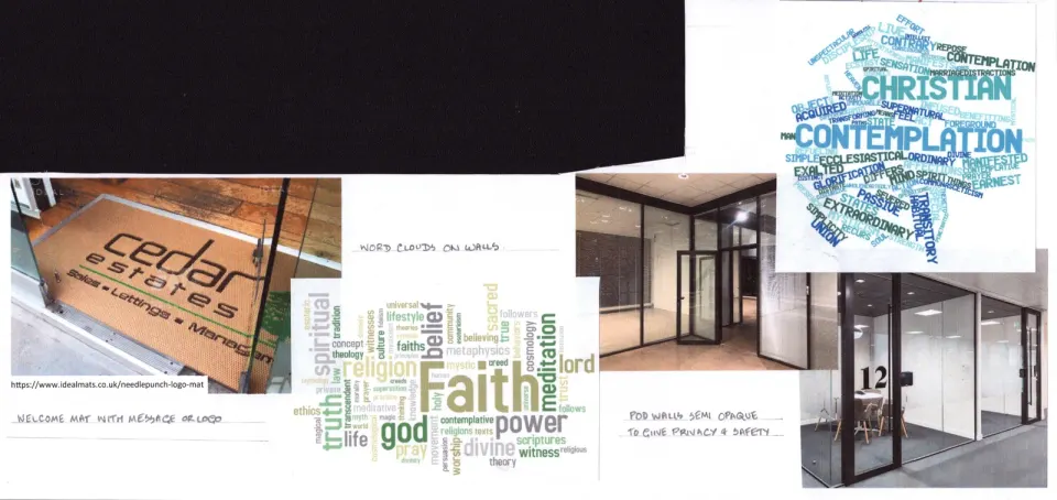 Welcome mood board for the reception area. Light glazing, simple graphics and an open, friendly feel.