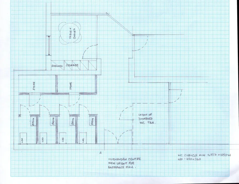 Plan of the entrance zone with talking space, added storage, four unisex toilet cubicles and an accessible toilet opening to the main corridor.