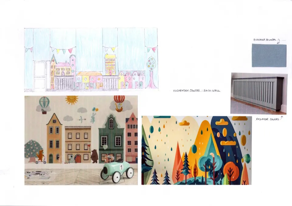 Back-wall concept for the main hall. Inclusive town-scape mural and radiator cover style to suit community use.