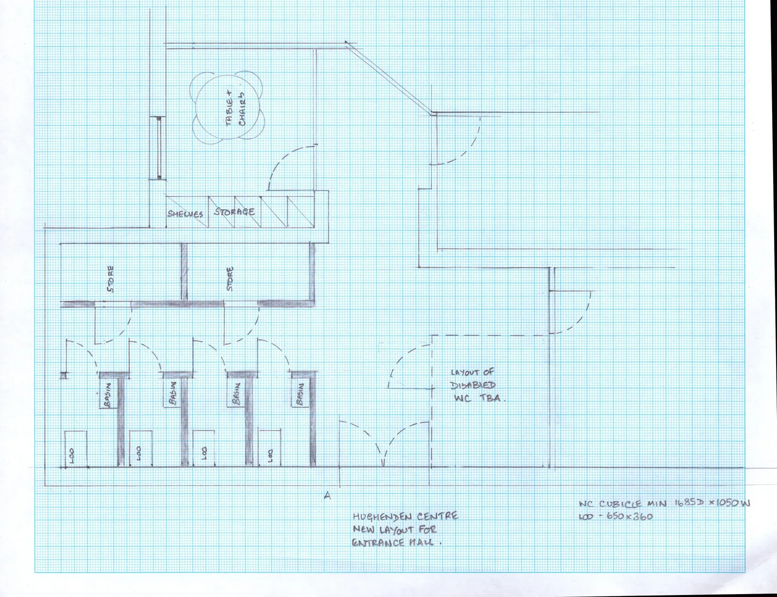 Plan of the entrance zone with talking space, added storage, four unisex toilet cubicles and an accessible toilet opening to the main corridor.