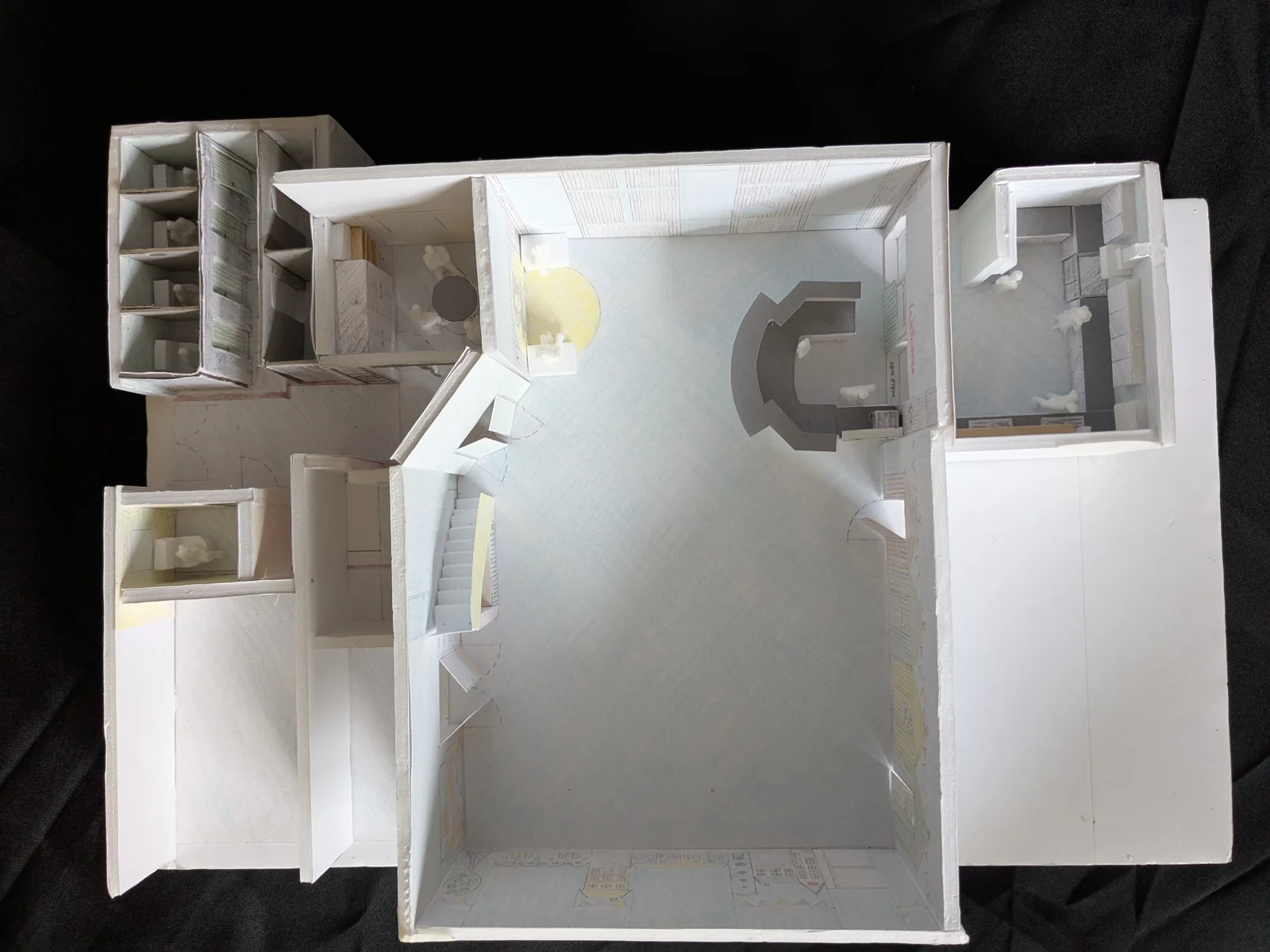 Whole-building concept showing the relationship between reception, main hall, the Ark Café side, prayer corner and kitchen.