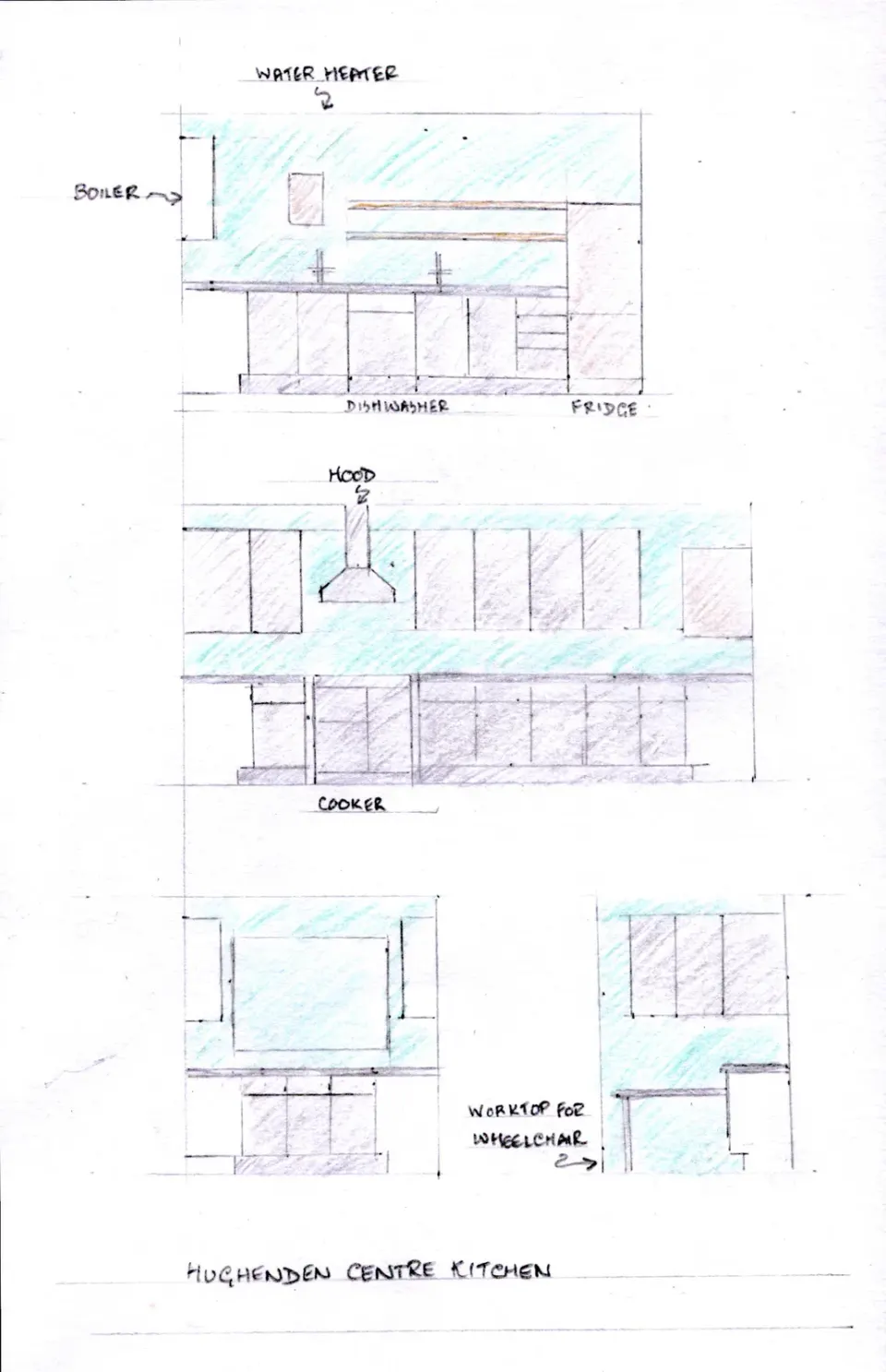 Elevation sketches showing hood, twin sinks, inclusive lower prep, appliance positions.