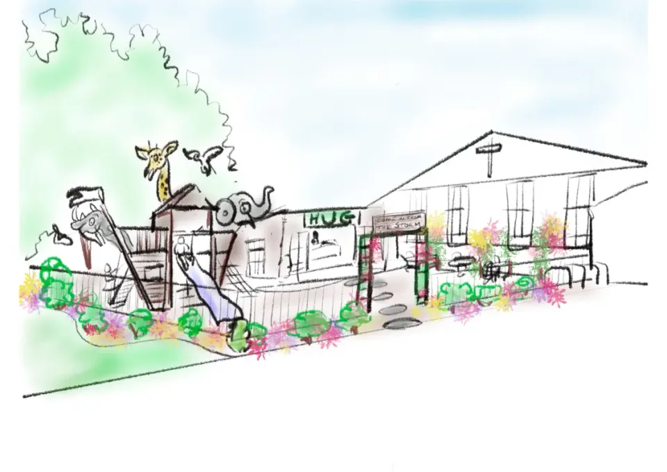 Family-friendly garden vision with planting, seating and playful features at the Hughenden approach.