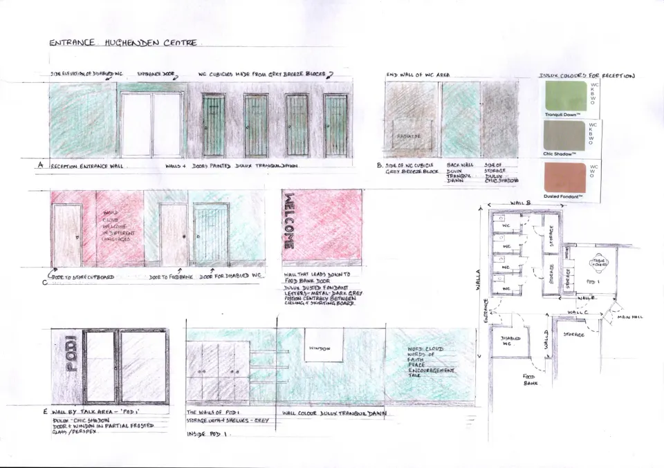 Entrance lobby concept with reception, glazed talking space and clear route to the toilet corridor.