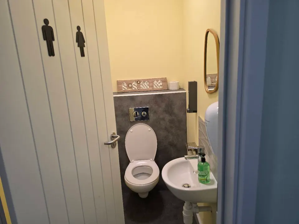 A completed toilet cubicle with pale yellow walls, a washbasin and a gold-framed mirror.