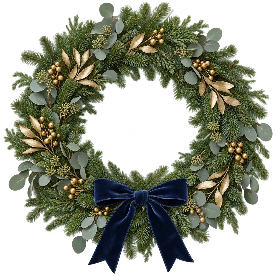Illustrative Christmas wreath with evergreen foliage, gold leaves and a navy blue ribbon.